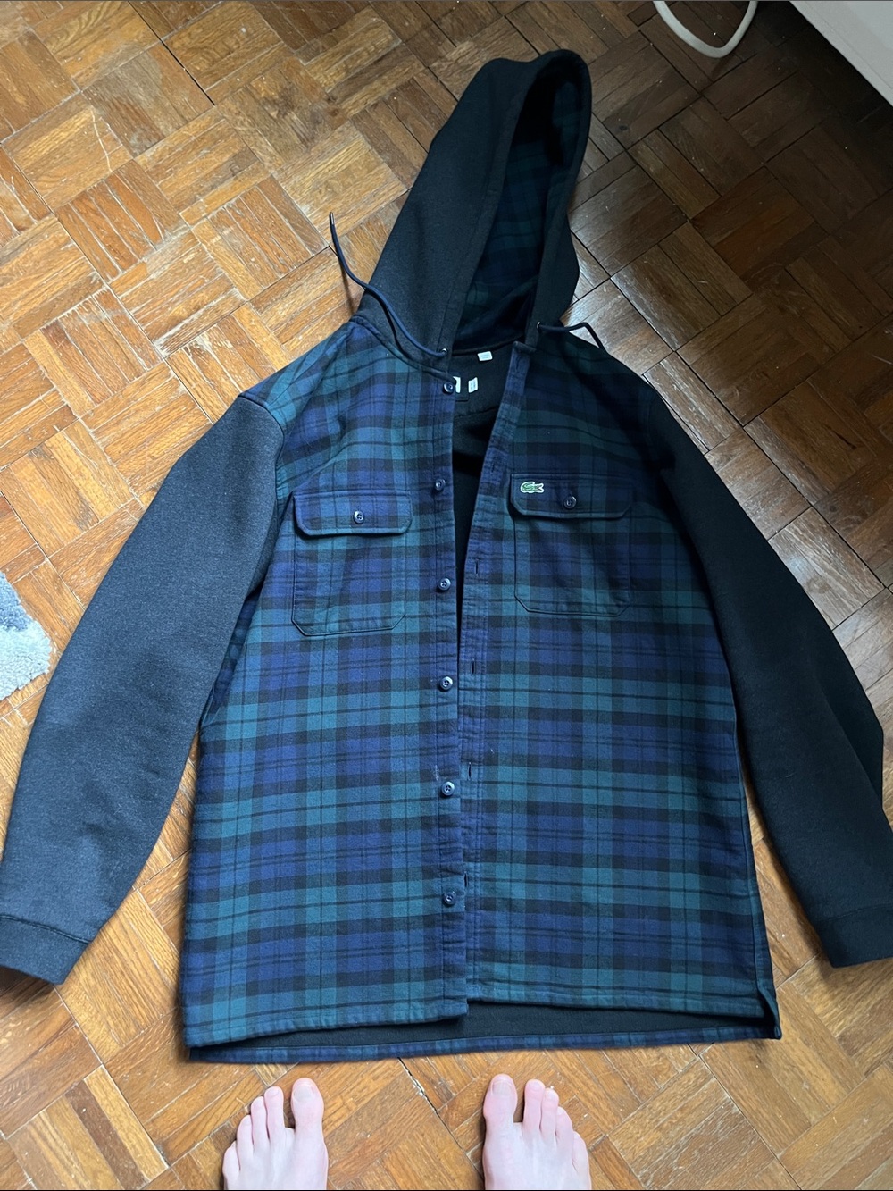 Lacoste Black Hooded Jacket with Dark Green & Navy Plaid Body